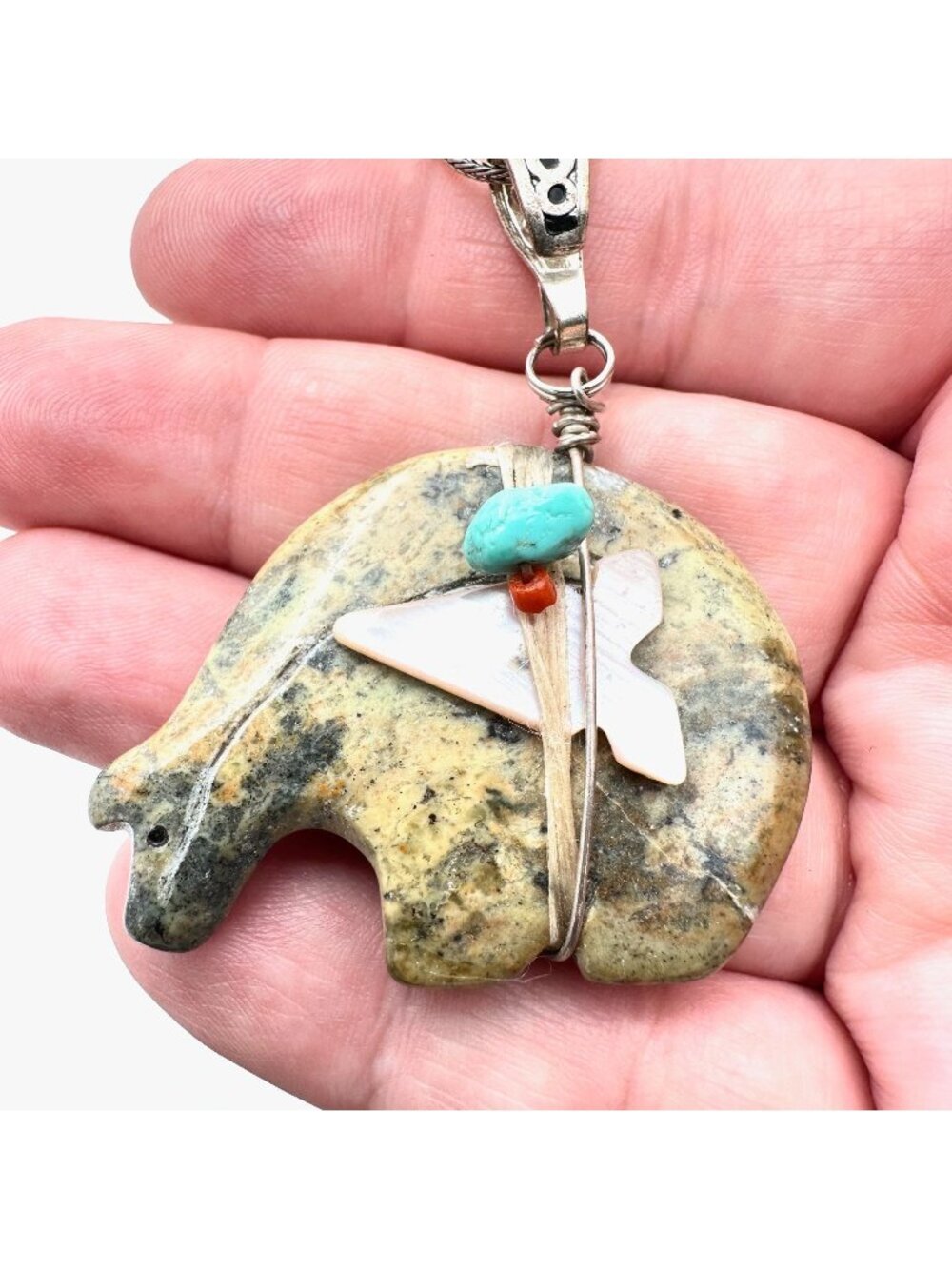 American Southwest Womens Necklace Sterling Silver Turquoise Bear Pendant